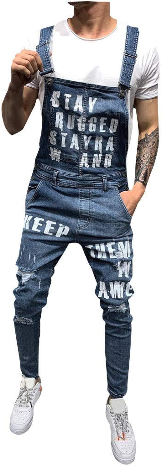 Eastery Men's Jeans Dungarees Holes Slim Overall Men Destroyed Fit