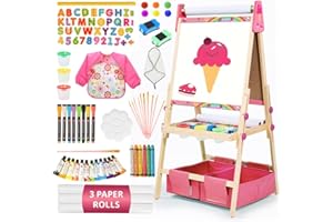 Art Easel for Kids with 3 Paper Roll, Magnetic Whiteboard and Chalkboard,Adjustable Standing Wooden Toddler Easel for Paintin