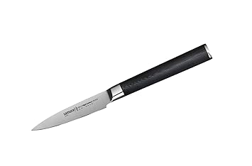 SAMURA MO-V Profi Gemüsemesser Ultra-scharf, klein, aus japanisch AUS 8 Edelstahl, 8,9 cm Klinge, mit G10 Handgriff aus Carbo