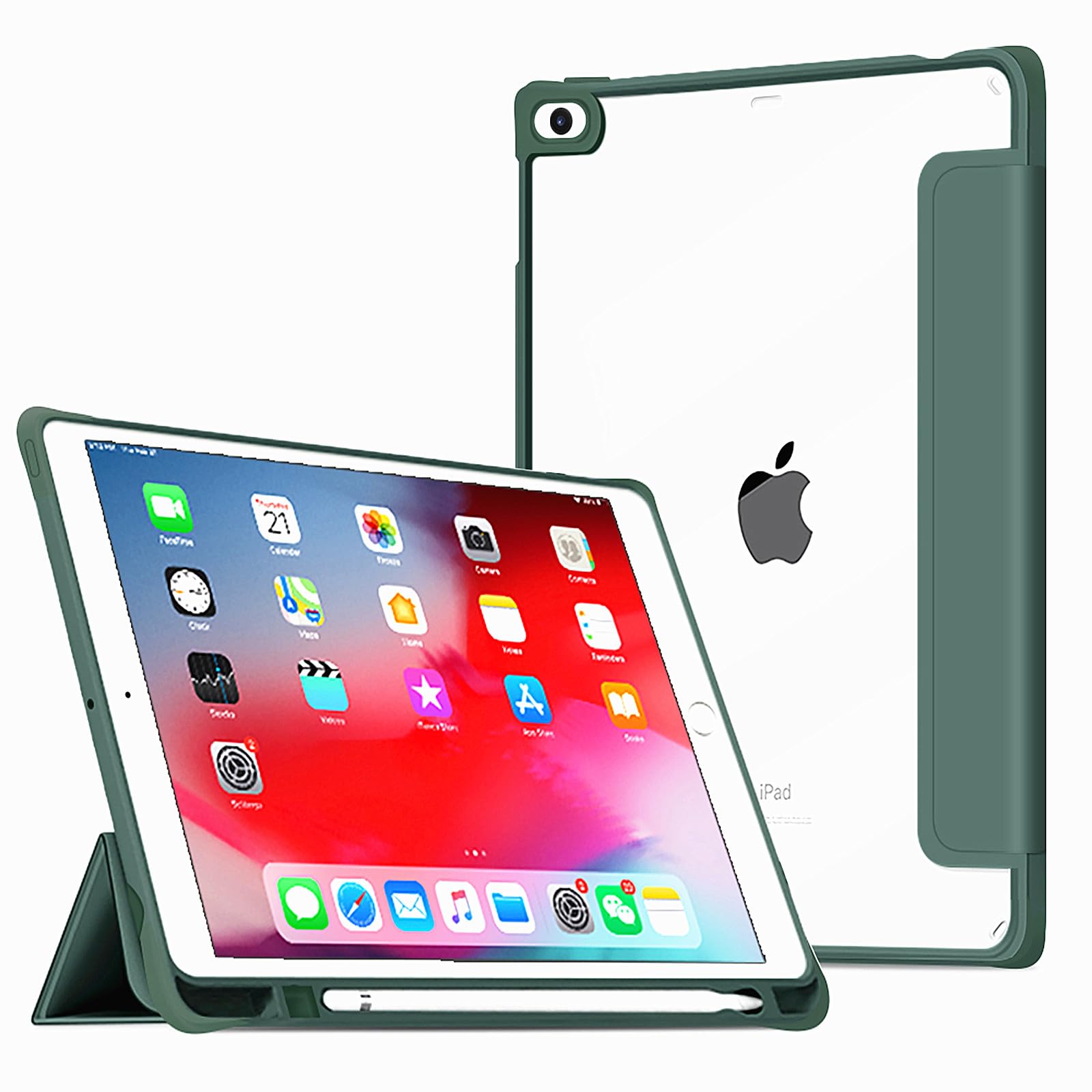 VAGHGEO Case for iPad 9.7 2018/2017, iPad 6/5th Generation 9.7 Inch, iPad Air 2, iPad Air 1 Tri-fold Smart Cases with Pencil Holder [Auto Sleep/Wake] + Clear Transparent Back Cover Shell, Dark Green