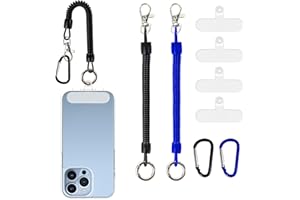 JingRoom Anti Theft Phone Tether Lanyard,2Pack Spiral Lanyard Strap for Outdoor Sports Camping Suitable for All Sealed Phone Case(Black and Blue 2*Tether+ 4*Patch + 2*Carabiner Clip)