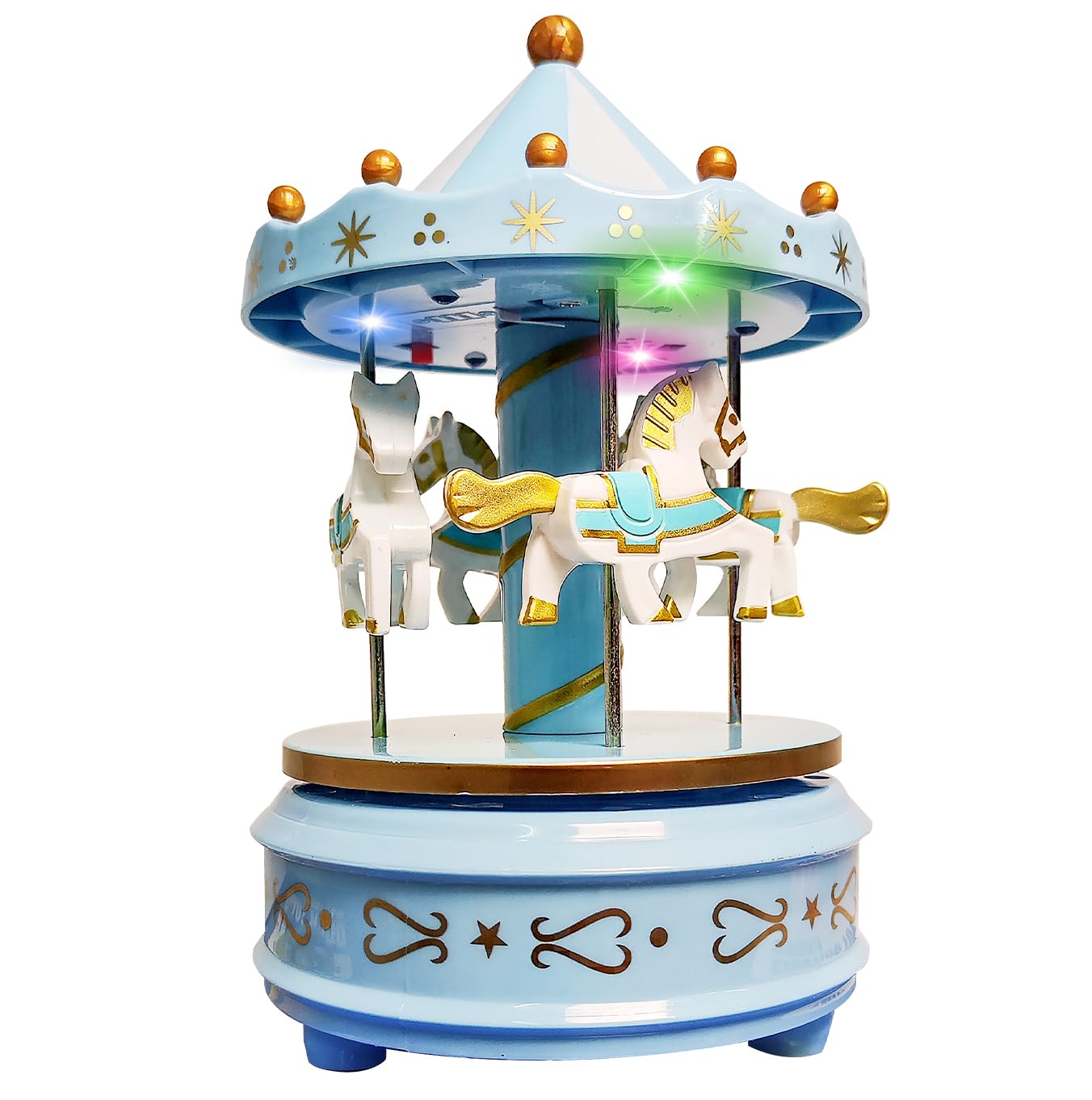 WEofferwhatYOUwant Carousel Music Box Blue – Rotating Horse Merry Go Round with LED Lights | Plays Beethoven’s Für Elise | Wind-Up Mechanical Toy | Cake Topper, Nursery Decor & Gift for Kids & Adults — image 1