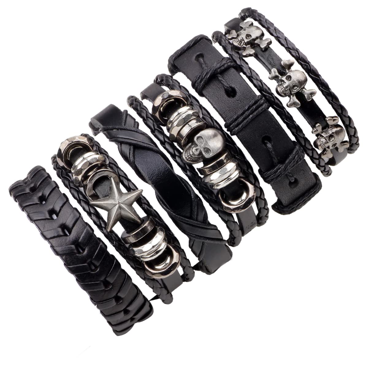 Thajaling 6PCS Braided Leather Wide Wristband, Unique Vintage Skull Bracelets, Handmade Leather Bracelets, Fashion Leather Bracelet, Suitable for Bikers, Rock Musicians