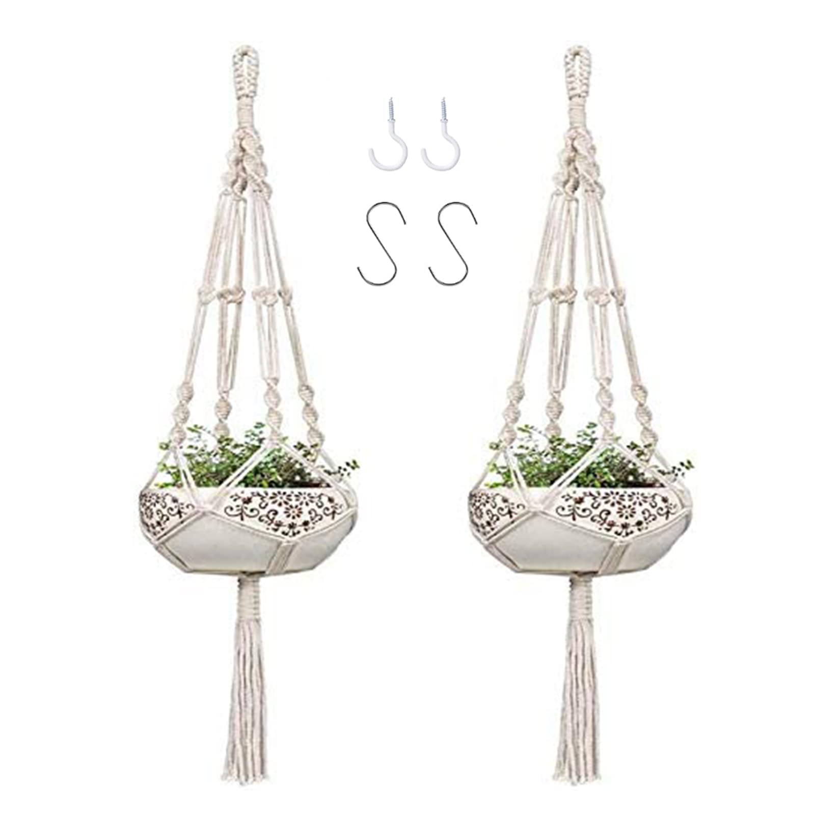 Indoor Macrame Plant Hangers Pot - 2 PCS 42 Inch Outdoor Cotton Rope Hanging Planter Holder Wall Flower Plants Basket Hanger Holders Pots for Garden Balcony Ceiling Patio Deck Boho Home Decor（White）