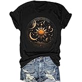 MZEAZRK Women Mystic Moon and Sun Flower Shirt Boho Wildflower Celestial Moon Graphic T Shirts Short Sleeve Tops