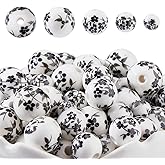 DICOSMETIC 100Pcs 4 Sizes Round Ceramic Bead Black Flower Bead 6/8/10/12mm Handmade Porcelain Spacer Beads Printed Flower Loose Beads for DIY Jewelry Making Necklace Bracelet, Hole: 2-3mm