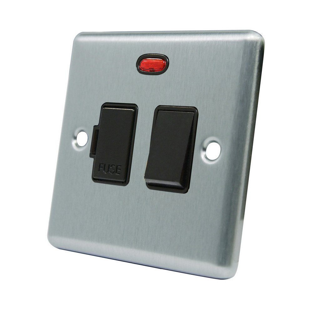 AET CSCSFNBL 13 A Satin Finish Chrome Classical Switched Fused Spur Connection Unit with Black Insert Plastic Rocker Switch and Neon Indicator