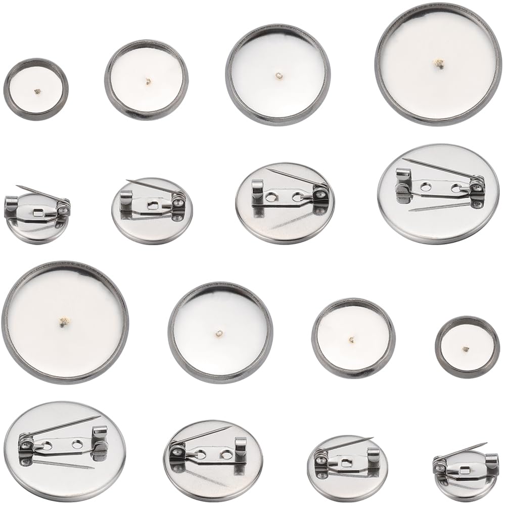SUNNYCLUE 1 Box 40Pcs Brooch Blanks Stainless Steel Cabochon Bezels Round Lapel Pin Brooches Clasps Pins Cabochon Disk Base Flat Bezel Trays for Jewellery Making Crafts Badges Memorial Photo Bouquet