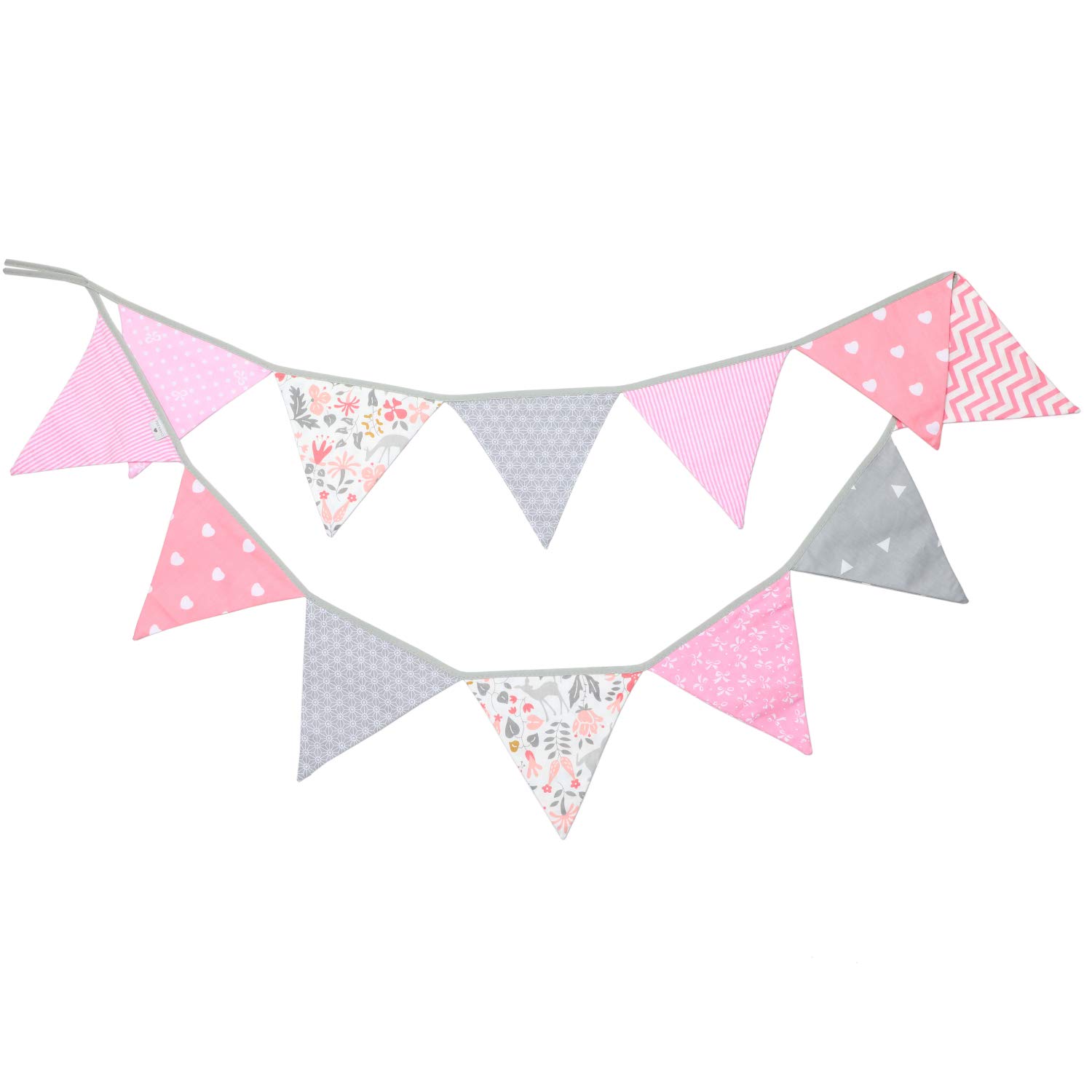 PREMYO Fabric Bunting Flags - Baby Shower Decorations Girls Nursery - Colourful Double Sided Banner Pink Grey