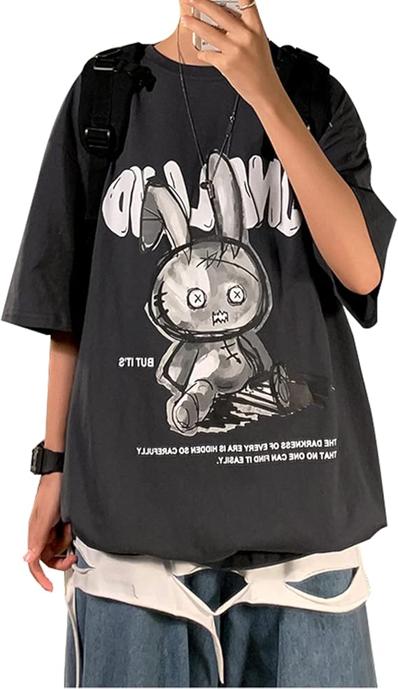 Amazon おもしろ ｔシャツ 半袖 アニメ 原宿系 怖い ウサギ カットソー カジュアル 夏服 ストリート系 トップス 男女兼用 大きいサイズ Tシャツ カットソー 通販