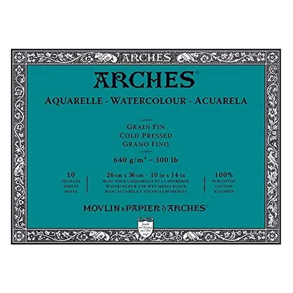 ARCHES Aquarelle – Pad of 10 Sheets 26 x 36 cm Glued 4 Sides – 640 g/m² – Satin Grain, Natural White, 4 Free Edges