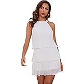 sabrilila Sexy Summer Halter Dresses for Women Sleeveless Ruffle Tiered Layered Chiffon Mini Dress A-Line Flowy Wedding Dress