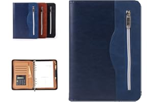 SAYEEC Executive Conference Folder A5 Zipped Portfolio Binder Faux Leather Padfolio Refillable Business Notebook Organizer with Calculator Loose Leaf Paper Gift for Man Women