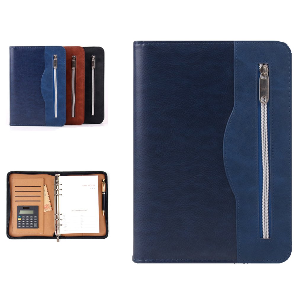 Gift for Men,SAYEEC A5 Executive Conference Folder Travel Portfolio Ringbinder Folio Zip Around PU Leather Loose Leaf Refillable Lined Paper Business Notebook Zipped Organiser with Calculator (Blue)