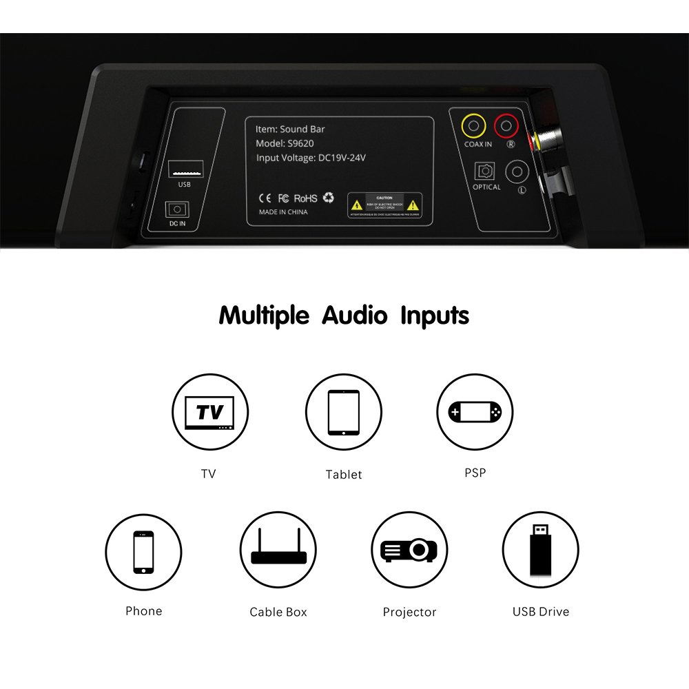 Sound Bar, MEGACRA Soundbar 2018 Version 80 Watt 38-Inch 6 Drivers Wired and Wireless Home Theater Surround Sound Speaker for TV (Optical, Coaxial, Remote Control, DSP, Bass & Treble Adjustable)