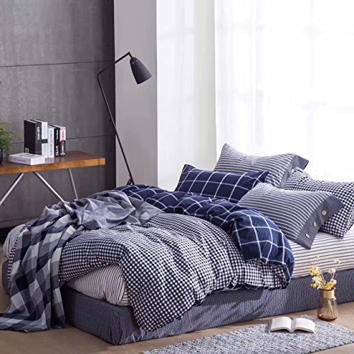 Washed Cotton Chambray Duvet Quilt Cover Stripe to Solid Reversible Casual Modern Style Pinstripe Bedding Set Relaxed Soft Feel Natural Wrinkled Look (Queen, Navy Plaid)