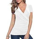 Afibi Women's Deep V Neck Short Sleeve Unique Slim Fit Cross Wrap Shirts Blouse Tops