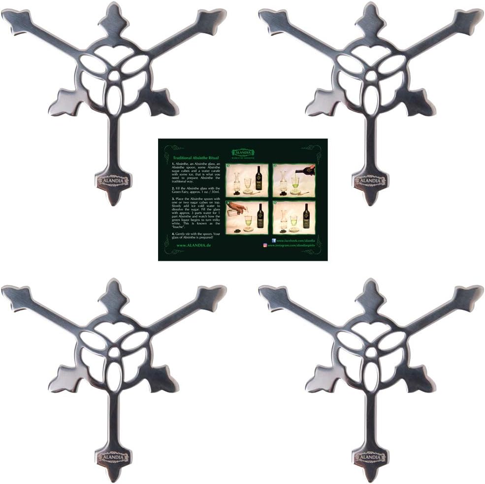 Absinthe Spoon Set of 4 | Stainless Steel Absinthe Spoons by ALANDIA | Gothic Design | 1x Drinking Ritual Card