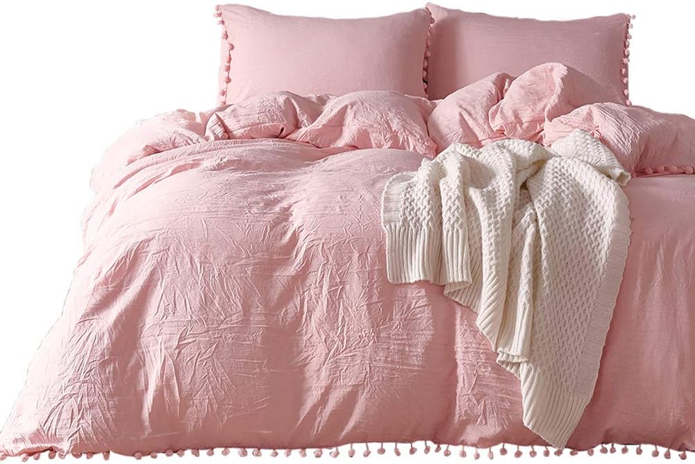 Omelas 3 Pieces Pom Poms Fringe Duvet Cover Set Ultra-Soft Microfiber Modern Solid Color Ball Tassel Pompom Duvet Cover Zipper Closure with Pillow Shams (Blush Pink, King)