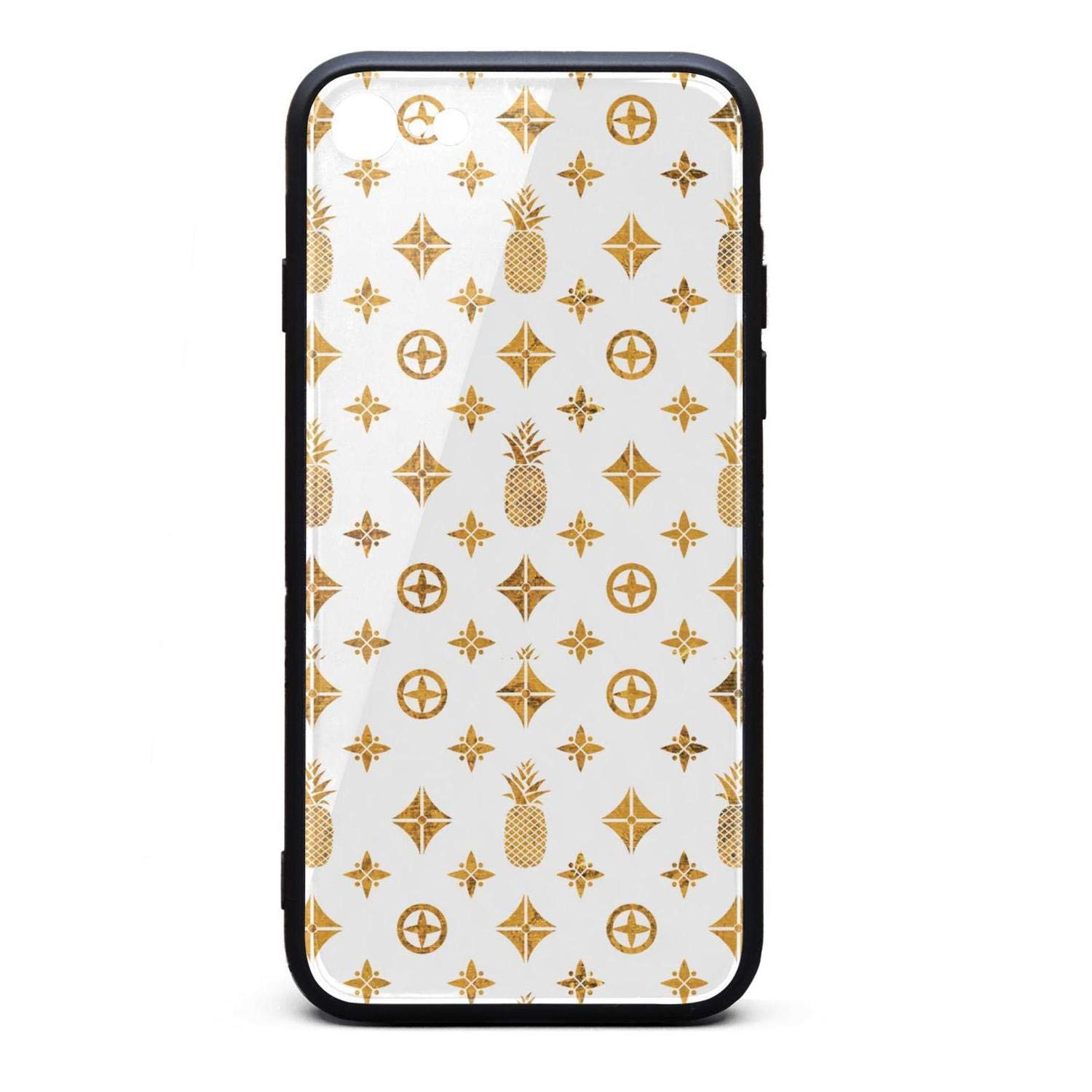 Phone Case for iPhone8/7 Vintage Gold Retro Pineapple White Background Pattern Tempered Glass Black Anti-Scratch TPU Rubber Bumper Shock Cover for Men Womens Back Cover