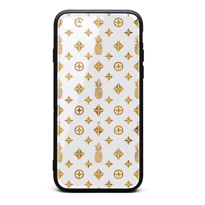Phone Case for iPhone8/7 Vintage Gold Retro Pineapple White Background Pattern Tempered Glass Black Anti-Scratch TPU Rubber Bumper Shock Cover for Men Womens Back Cover