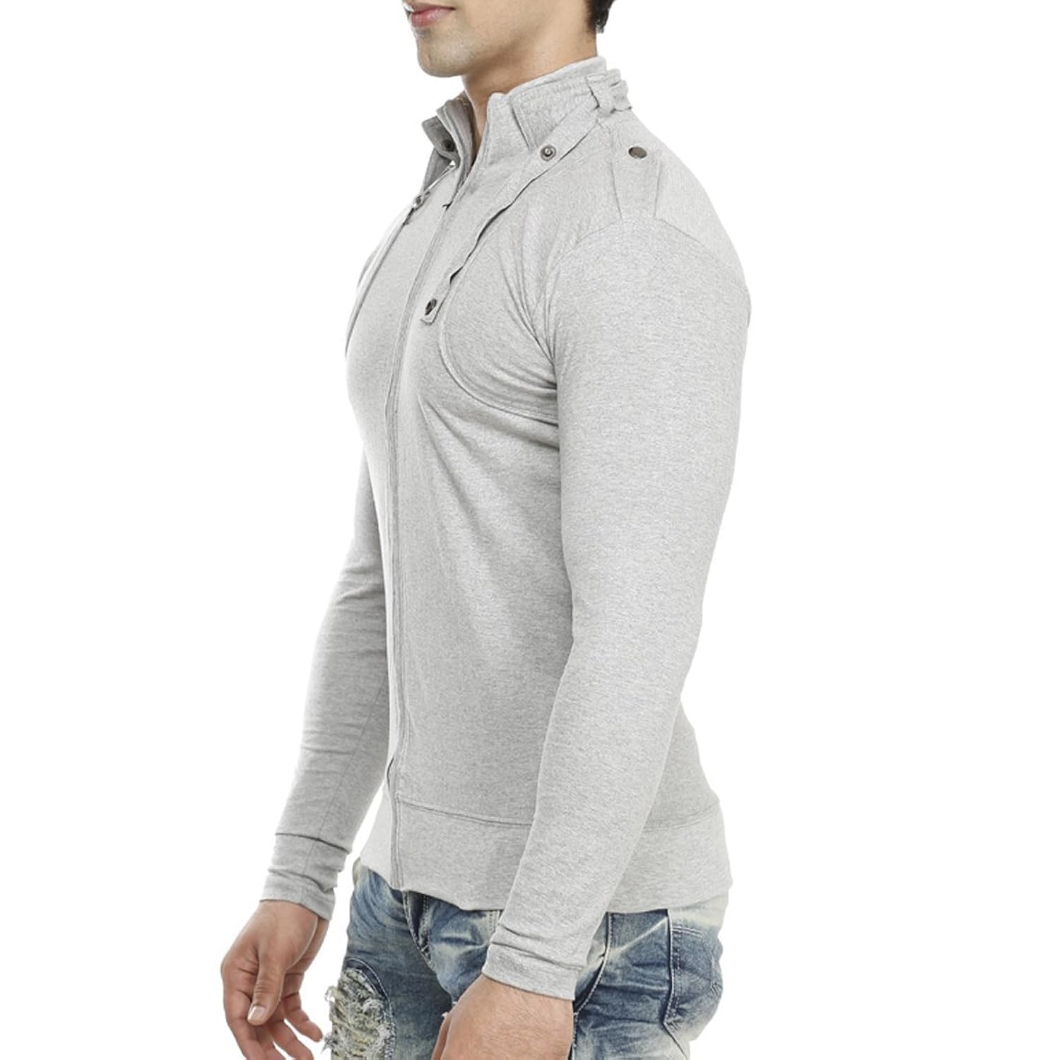 tees collection men's full zip buckle neck full sleeve grey colour t-shirt