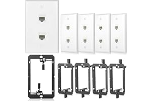 TOMODER 5 Pack Ethernet Wall Outlet 2 Port Cat6 Wall Plate with Low Voltage Mounting Bracket Jack RJ45 Keystone Network Cables Inline Coupler Wires Connector Female to Female Double White 2Port