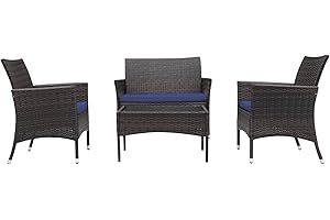 Ophelian 4 Piece Wicker Patio Furniture Set, Patio Set with Comfortable Cushion,Garden Pool Backyard Patio, Brown/Blue