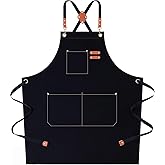 AFUN Chef Aprons for Women Men with Oversized Pockets, 12-Ounce Cotton Canvas Cross Back Water Repellent Apron (Black)