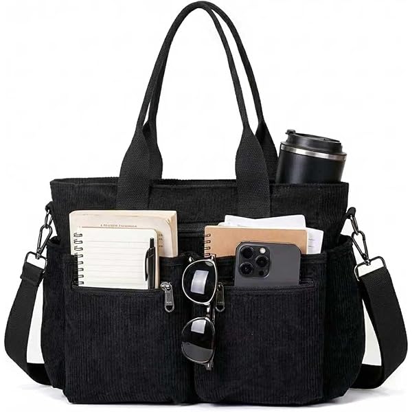 METALPHA Corduroy Tote Bag For Women - Large Zippered Work Bag, Shoulder & Crossbody Purse