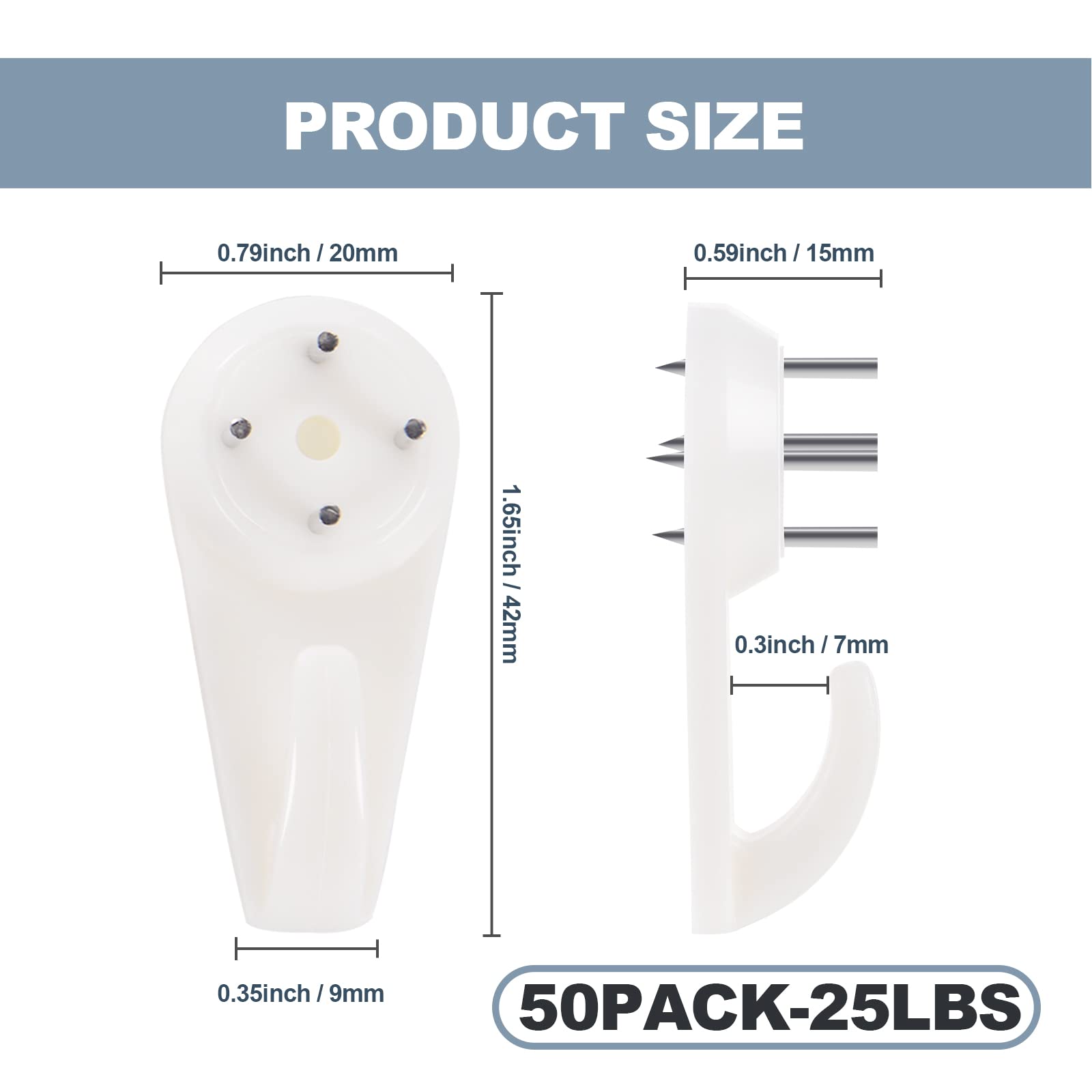 50 PCS Picture Hangers Hanging Kit, Heavy Duty Hooks for Stucco/Concrete/Hard Walls Without Drilling, Invisible Nail&25 LBS Weight Load