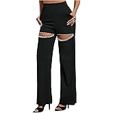 MakeMeChic Women's Y2K Party Cut Out Rhinestone Pants Pearl Beaded Straight Leg Trousers