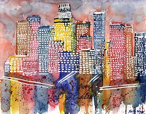 With Love From Los Angeles Skyline Watercolor Painting Poster Print, Downtown LA skyline watercolor painting poster print