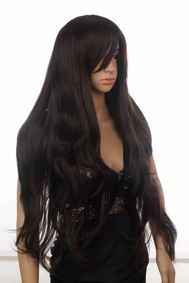Prettyland C256 - Black Brown Extra Long Wig Straight Slightly Wavy Tiered with Long Side Pony