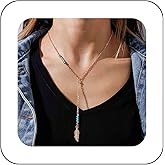 Andelaisi Boho Turquoise Y Lariat Necklace Vintage Long Feather Pendant Necklace Gold Turquoise beads Choker Necklace Adjustable Leaf Y Chain Necklace Jewelry for Women