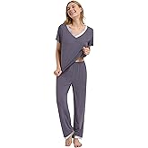 WiWi Womens Viscose from Bamboo Pajamas Set Short Sleeve Top with Pants Pjs Soft V Neck Sleepwear Lightweight Loungewear S-3X