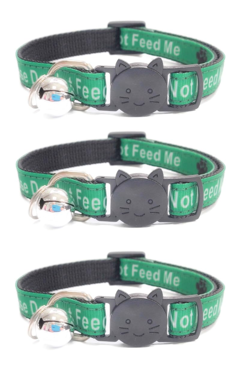 Worded Cat Collars with Bell – Please Do Not Feed Me, I Am Microchipped | Safe Quick Release Breakaway Buckle | Zacal Cat Collars (1. Green, Please Do Not Feed Me, Pack of 3)