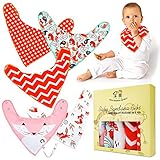 Baby Bandana Drool Bibs +1 Pacifier Clip in a Gift Box, Pack of 4+1 Premium Quality for Boys and Girls, Organic Cotton