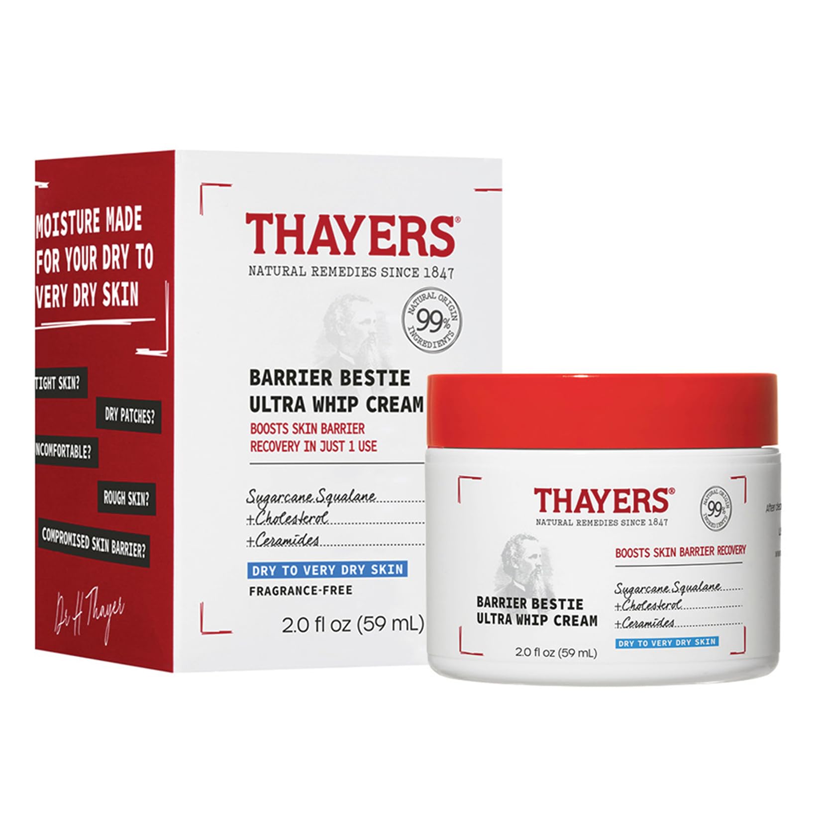 Thayers Barrier Bestie Ultra Whip Face Cream - Moisturizer with Sugarcane Squalane and Ceramides - Skin Care for Dry to Very Dry Skin - 59 ml