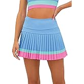 Fisoew Women's High Waisted Tennis Skirts Color Block Pleated Athletic Golf Skorts with Built in Shorts