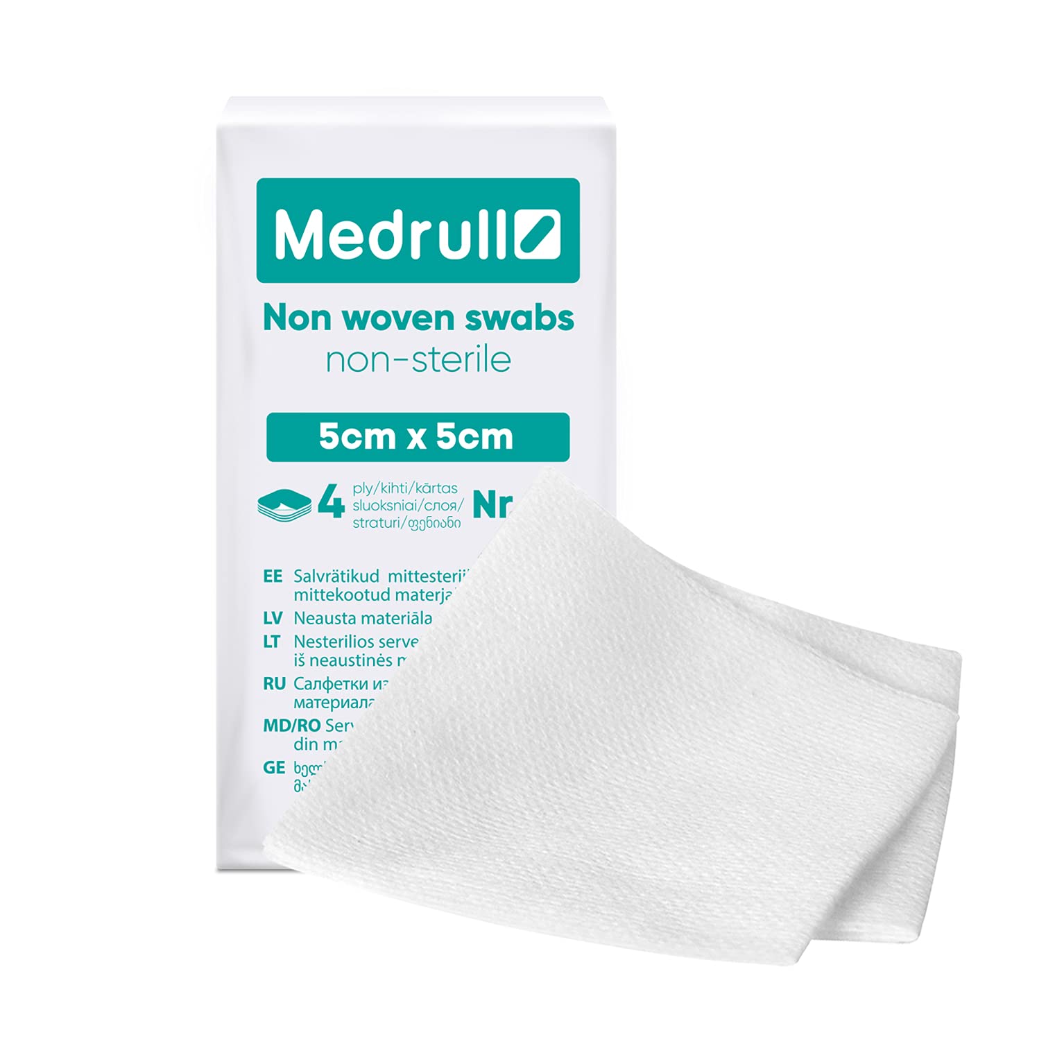 Medrull - Non-Woven Non-Sterile Dressings Pack of 100 - 4-Ply 5 cm x 5 cm - Absorbent Dressings
