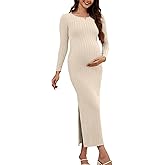 guruixu Women's Maternity Sweater Dress Ribbed Knit Long Sleeve Maxi Bodycon Dress Pregnancy Outfits