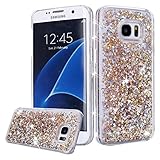 Galaxy S7 Edge Case, Galaxy S7 Edge Liquid Glitter Case,PHEZEN 3D Creative Design Shiny Quicksand Flowing Bling Glitter Sparkle Heart Clear Hard Case for Samsung Galaxy S7 Edge - Gold Diamonds