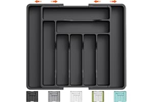 Lifewit Silverware Drawer Organizer, Expandable Utensil Organizer for Kitchen Drawers, Adjustable Cutlery and Flatware Tray, Plastic Spoons Forks Knives Holder Storage Dividers, Large, Black