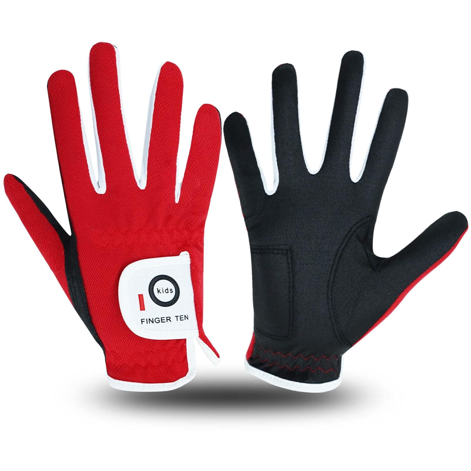 FINGER TEN Golf Gloves Kids All Weather Soft for Left and Right Hand Rain Grip Breathable Value Pair, Golf Gloves for Girls Boys Wear-Resistant Non Slip Comfortable (Red, Large)