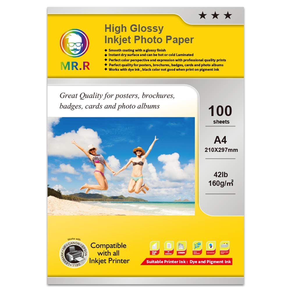 MR.R High Glossy Coated Inkjet Photo Paper 160gsm,A4 210x297mm,100 Sheets per Pack