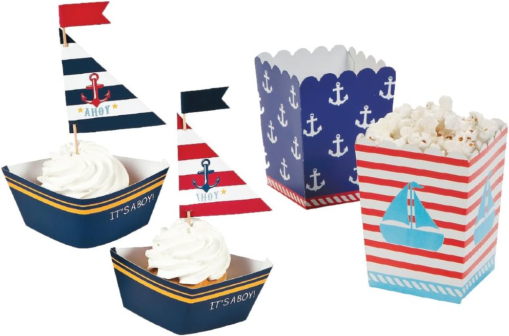 Nautical Baby Shower - Its a BOY! - 24 Guests - Cupcake Wrappers with Picks - Mini Popcorn Boxes (24 Guests)