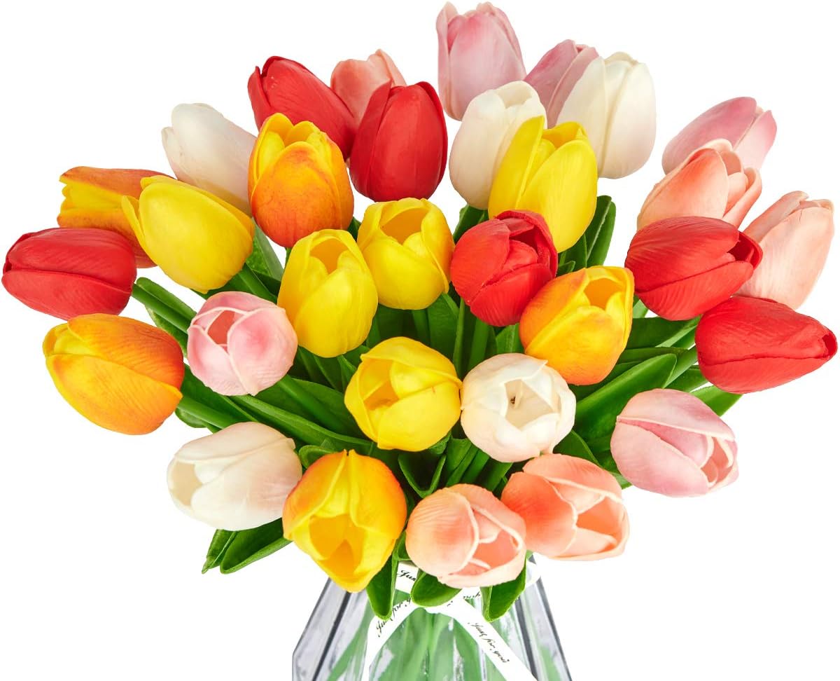 BEIBECOOL 30 Pcs Multicolor Tulips Artificial Flowers Faux