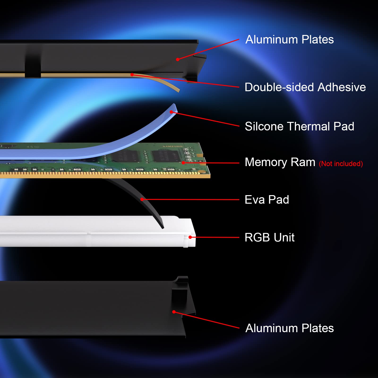 DS Aluminum Alloy RAM Cooling Shell Heat Sink, ARGB Light Effect Memory Cooling Radiator Glow for PC Memory Cooling Vest(4Pack, 3th GEN, M Series)