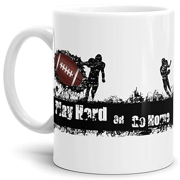 Tassendruck Football-Tasse mit Spruch Play Hard or go Home Geschenk/American-Football/Touchdown/Quarterback/Kaffetasse/Teetas